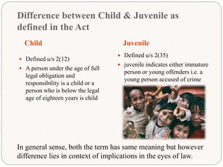 Difference between Child & Juvenile as
defined in the Act
Child Juvenile
 Defined u/s 2(12)
 A person under the age of f...