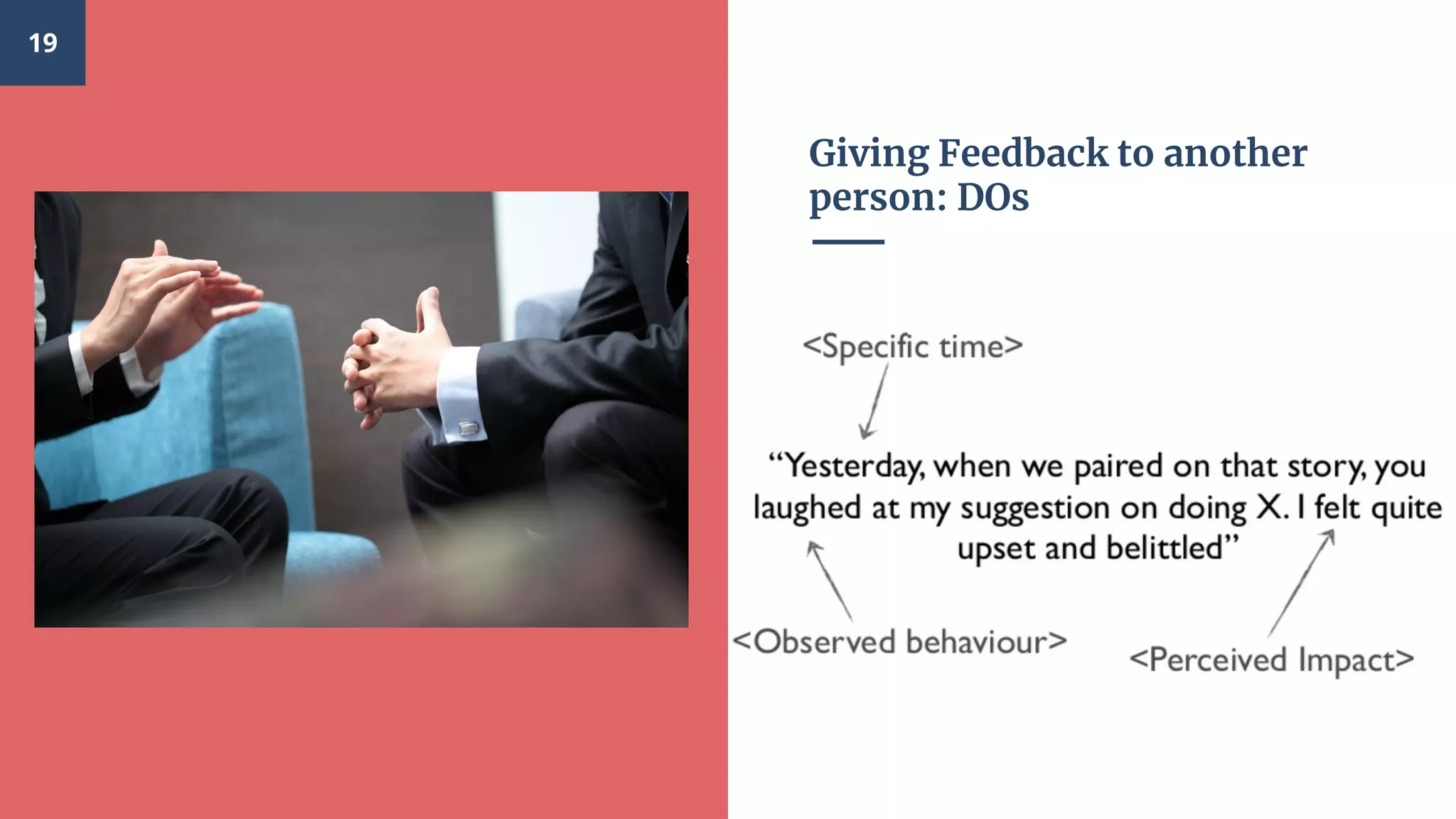 Giving Feedback to another
person: DOs
19
 