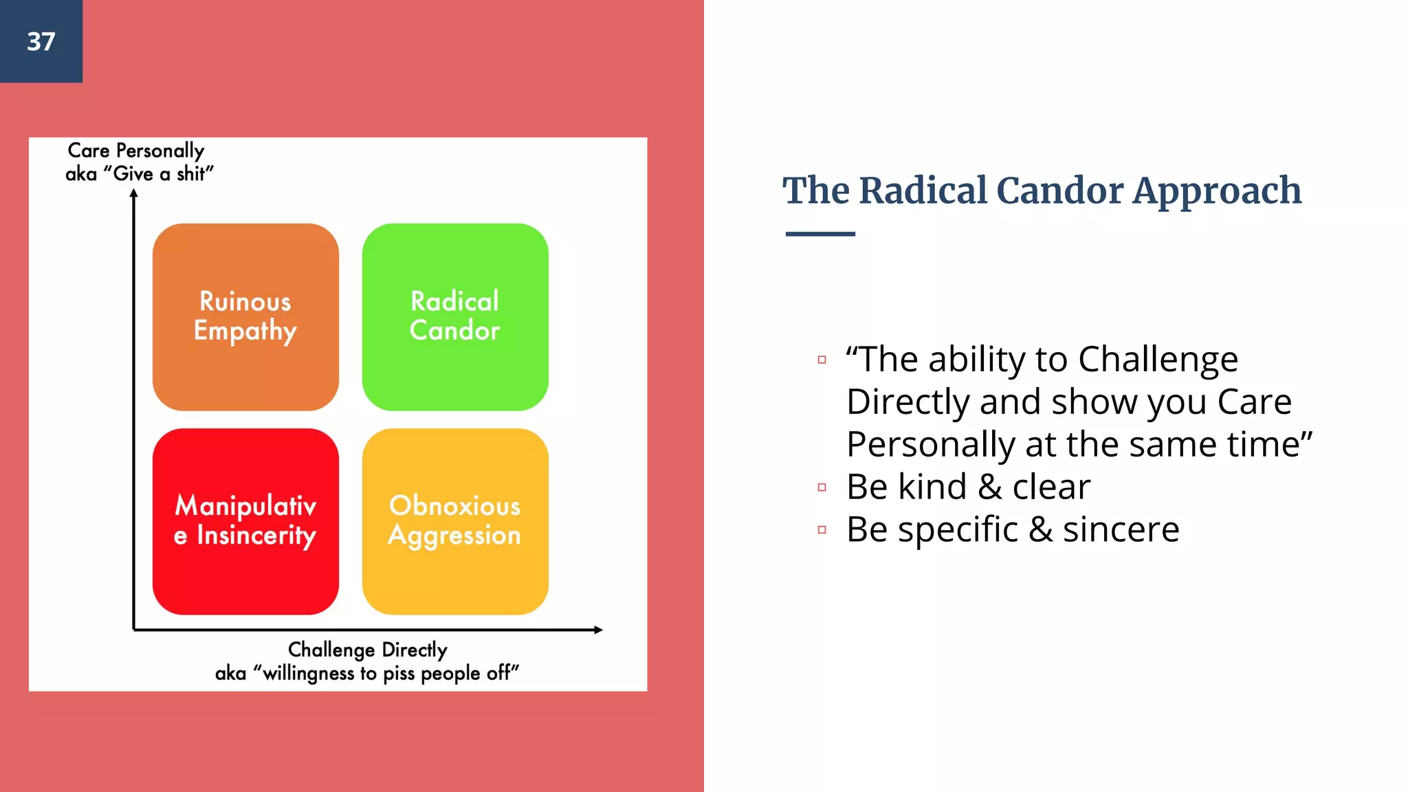 The Radical Candor Approach
37
▫ “The ability to Challenge
Directly and show you Care
Personally at the same time”
▫ Be kind & clear
▫ Be specific & sincere
 
