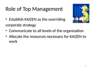 11
Role of Top Management
• Establish KAIZEN as the overriding
corporate strategy
• Communicate to all levels of the organization
• Allocate the resources necessary for KAIZEN to
work
 