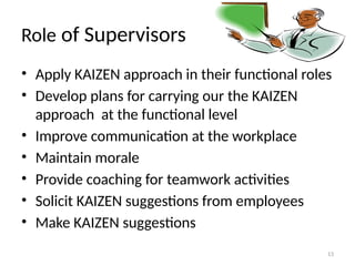 13
Role of Supervisors
• Apply KAIZEN approach in their functional roles
• Develop plans for carrying our the KAIZEN
approach at the functional level
• Improve communication at the workplace
• Maintain morale
• Provide coaching for teamwork activities
• Solicit KAIZEN suggestions from employees
• Make KAIZEN suggestions
 