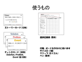 使うもの


ストーリーカード(10枚)



                        進捗記録表 (数枚)




                        付箋– ボードを作るのに使います
                        サイコロ (1個)
チャンスカード (30枚)
                        クリップ (たくさん)
 (Solution, Problem,
                        ペン (数本)
         Event 各10枚)
 
