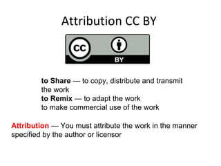 Attribution CC BY  to Share  — to copy, distribute and transmit the work to Remix  — to adapt the work to make commercial use of the work Attribution  — You must attribute the work in the manner specified by the author or licensor 