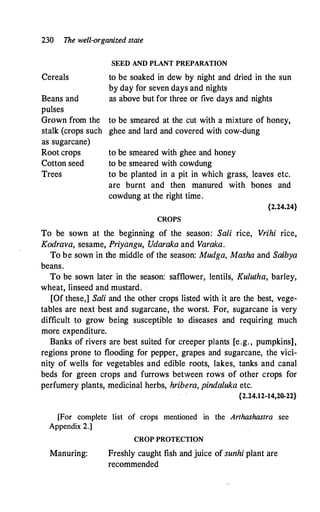 230 The well-organized state
Cereals
Beans and
pulses
Grown from the
stalk (crops such
as sugarcane)
Root crops
Cotton seed
Trees
SEED AND PLANT PREPARATION
to be soaked in dew by night and dried in the sun
by day for seven days and nights
as above but for three or five days and nights
to be smeared at the cut with a mixture of honey,
ghee and lard and covered with cow-dung
to be smeared with ghee and honey
to be smeared with cowdung
to be planted in a pit in which grass, leaves etc.
are burnt and then manured with bones and
cowdung at the right time.
{2.24.24}
CROPS
To be sown at the beginning of the season: Safi rice, Vrihi rice,
Kodrava, sesame, Priyangu, Udaraka and Varaka.
To be sown in the middle of the season: Mudga, Masha and Saibya
beans.
To be sown later in the season: safflower, lentils, Kulutha, barley,
wheat, linseed and mustard.
[Of these,] Sali and the other crops listed with it are the best, vege­
tables are next best and sugarcane, the worst. For, sugarcane is very
difficult to grow being susceptible to diseases and requiring much
more expenditure.
Banks of rivers are best suited for creeper plants [e.g. , pumpkins],
regions prone to flooding for pepper, grapes and sugarcane, the vici­
nity of wells for vegetables and edible roots, lakes, tanks and canal
beds for green crops and furrows between rows of other crops for
perfumery plants, medicinal herbs, hribera, pindaluka etc.
{2.24.12-14,20-22}
[For complete list of crops mentioned in the Arthashastra see
Appendix 2.]
Manuring:
CROP PROTECTION
Freshly caught fish and juice of sunhi plant are
recommended
 