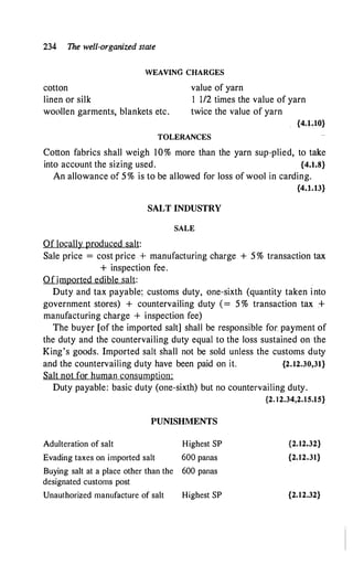 234 The well-organized state
cotton
WEAVING CHARGES
value of yarn
linen or silk
woollen garments, blankets etc.
1 1/2 times the value of yarn
twice the value of yarn
{4.LlO}
TOLERANCES
Cotton fabrics shall weigh 10% more than the yarn sup-plied, to take
into account the sizing used. {4.1.8}
An allowance of 5 % is to be allowed for loss of wool in carding.
{4.1.13}
SALT INDUSTRY
SALE
Of locally produced salt:
Sale price = cost price + manufacturing charge + 5 % transaction tax
+ inspection fee.
Of imported edible salt:
Duty and tax payable: customs duty, one-sixth (quantity taken into
government stores) + countervailing duty (= 5 % transaction tax .+
manufacturing charge + inspection fee)
The buyer [of the imported salt] shall be responsible for payment of
the duty and the countervailing duty equal to the loss sustained on the
King's goods. Imported salt shall not be sold unless the customs duty
and the countervailing duty have been paid on it. {2.12.30,31}
Salt not for human consumption:
Duty payable: basic duty (one-sixth) but no countervailing duty.
{2. 12.34,2.15.15}
PUNISHMENTS
Adulteration of salt
Evading taxes on imported salt
Highest SP
600 panas
Buying salt at a place other than the 600 panas
designated customs post
Unauthorized manufacture of salt Highest SP
{2.12.32}
{2.12.31}
{2.12.32}
 