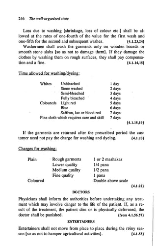 246 The well-organized state
Loss due to washing [shrinkage, loss of colour etc.] shall be al­
lowed at the rates of one-fourth of the value for the first wash and
one-fifth for the second and subsequent wa£hes. {4.1.23,24}
Washermen shall wash .the garments only on wooden boards or
smooth stone slabs [so as not to damage them]. If they damage the
clothes by washing them on rough surfaces, they shall pay compensa­
tion and a fine. {4.1.14,15}
Time allowed for washing/dyeing:
Whites Unbleached
Stone washed
Semi-bleached
Fully bleached
Coloureds Light red
Blue
Saffron, lac or blood red
Fine cloth which requires care and skill
1 day
2 days
3 days
4 days
5 days
6 days
7 days
7 days
{4.1.18,19}
If the garments are returned after the prescribed period the cus-
tomer need not pay the charge for washing and dyeing. {4.1.20}
Charges for washing:
Plain · Rough garments
Coloured
Lower quality
Medium quality
Fine quality
DCCTORS
1 or 2 mashakas
1/4 pana
1/2 pana
1 pana
Double above scale
{4.1.22}
Physicians shall inform the authorities before undertaking any treat­
ment which may involve danger to the life of the patient. If, as a re­
sult of the treatment, the patient dies or is physically deforrned, the
doctor shall be punished. {from 4.1.56,57}
ENTERTAINERS
Entertainers shall not move from place to place during the rainy sea­
son [so as not to hamper agricultural activities] . {4.1.58}
 