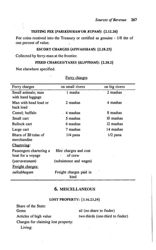 Sources o
fRevenue 267
TESTING FEE (PARJKSHIKAM OR RUPAM): {2.12.26}
For coins received into the Treasury or certified as genuine - 118 the of
one percent of value.
ESCORT CHARGES (ATIVAHIKAM): {2.28.25}
Collected by ferry-man at the frontier.
FIXED CHARGES/TAXES (KLIPTHAM): {2.28.2}
Not elsewhere specified.
Ferry charges
Ferry charges on small rivers on big rivers
Small animals; man 1 masha 2 mashas
with hand luggage
Man with head load or 2 mashas 4 mashas
back load
Camel; buffalo 4 mashas 8 mashas
Small cart 5 mashas 10 mashas
Bullock cart 6 mashas 12 mashas
Large cart 7 mashas 14 mashas
Bhara of 20 tulas of 1/4 pana 1/2 pana
merchandise
Chartering:
Passengers chartering a Hire charges and cost
boat for a voyage of crew
(yatravetanam) (subsistence and wages)
Freight charge12:
sulkabhagam Freight charges paid in
kind
6. MISCELLANEOUS
WST PROPERTY: {3.16.23,24}
Share of the State:
Gems
Articles of high value
Charges for claiming lost property:
Living:
all (no share to finder)
two-thirds (one-third to finder)
 