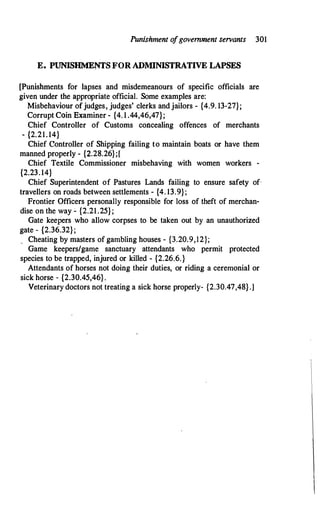 Punishment o
fgovernment servants 301
E. PUNISHMENTS FOR ADMINISTRATIVE LAPSES
[Punishments for lapses and misdemeanours of specific officials are
given under the appropriate official. Some examples are:
Misbehaviour ofjudges, judges' clerks and jailors - {4.9. 13-27};
Corrupt Coin Examiner - {4. 1.44,46,47};
Chief Controller of Customs concealing offences of merchants
- {2.21.14}
Chief Controller of Shipping failing to maintain boats or have them
manned properly - {2.28.26};[
Chief Textile Commissioner misbehaving with women workers -
{2.23.14}
Chief Superintendent of Pastures Lands failing to ensure safety of­
travellers on roads between settlements - {4. 13.9};
Frontier Officers personally responsible for loss of theft of merchan­
dise on the way � {2.21.25};
Gate keepers who allow corpses to be taken out by an unauthorized
gate - {2.36.32};
, Cheating by masters of gambling houses - {3.20.9,12};
Game keepers/game sanctuary attendants who permit protected
species to be trapped, injured or killed - {2.26.6.}
Attendants of horses not doing their duties, or riding a ceremonial or
sick horse - {2.30.45,46}.
Veterinary doctors not treating a sick horse properly- {2.30.47,48}.]
 