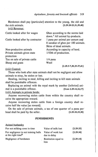 Agriculture, f
orestry and livestock officials 319
Herdsmen shall pay [particular] attention to the young, the old and
the sick animals. {2.29.20-23,31,39,40}
(vii) Revenue:
Cattle looked after for wages Ghee according to the norms laid
down.7 All animal by-products.
Cattle looked after by contractor 1 pana per animal per annum and
8 varakas of ghee per 100 animals.
Skins of dead animals.
Non-productive animals
Private animals given state
protection
According to capacity of herd.
l/lOth of production.
Tax on sale of private cattle
Sheep and goats
114 pana
Wool
{2.29.5-7,30,35-37,41}
(viii) Control:
Those who look after state animals shall not be negligent and allow
animals to stray, be stolen or lost.
Stealing, inciting to steal, killing and inciting to kill state animals
shall be punishable offences.
Replacing an animal with the royal mark by another [inferior] ani-
mal is a punishable offence. {from 2.29.14,16,17}
(viii) Animals in private herds:
Anyone recovering stolen cattle from within the country shall re­
ceive the appropriate reward.
Anyone recovering stolen cattle from a foreign country shall re­
ceive half the value [as reward].
On the sale of private animals, a tax of one quarter of a pana per·
head shall be paid by the seller. {2.29.18,19,30}
PUNISHMENTS
Animal husbandry
For not milking cows in time Value of inilk lost
For negligence in not training bulls Value of work lost
at the right time8 due to delay
Negligence of herdsmen Restitution equal to
loss
{2.29.33}
{2.29.34}
{2.29.14}
 