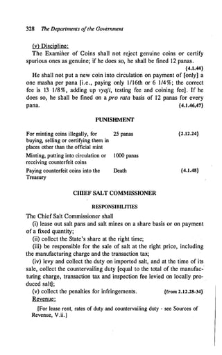 328 The Departments ofthe Government
(v) Discipline:
The Examiner of Coins shall not reject genuine coins or certify
spurious ones as genuine; if he does so, he shall be fined 12 panas.
{4.1.44}
He shall not put a new coin into. circulation on payment of [only] a
one masha per pana [i.e., paying only I/16th or 6 1/4%; the correct
fee is 13 118 % , adding up vyaji, testing fee and coining fee] . If he
does so, he shall be fined on a pro rata basis of 12 panas for every
pana. {4.1.46,47}
PUNISHMENT
For minting coins illegally, for 25 panas
buying, selling or certifying them in
places other than the official mint
Minting, putting into circulation or 1000 panas
receiving counterfeit coins
Paying counterfeit coins into the
Treasury
Death
CIDEF SALT COMMISSIONER
RESPONSIBILITIES
The Chief Salt Commissioner shall
{2.12.24}
{4.1.48}
(i) lease out salt pans and salt mines on a share basis or on payment
of a fixed quantity;
(ii) collect the State's share at the right time;
(iii) be responsible for the sale of salt at the right price, including
the manufacturing charge and the transaction tax;
(iv) levy and collect the duty on imported salt, and at the time of its
sale, collect the countervailing duty [equal to the total of the manufac-
'
turing charge, transaction tax and inspection fee levied on locally pro- .
duced salt];
(v) collect the penalties for infringements. {from 2.12.28-34}
Revenue:
[For lease rent, rates of duty and countervailing duty - see Sources of
Revenue, V.ii.]
 