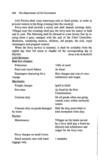 344 The Depanments o
fthe Government
(vii) Ferries shall cross waterways only at fixed points, in order to
prevent traitors to' the King crossing [into the country] .
Ferry-men shall provide a surety and shall deposit earnings daily.
Villages near the crossings shall pay the ferry-man his salary in food
and in cash. The following shall be allowed to cross ferries free by is­
suing them a pass, stamped with the seal of the Chief Controller:
Brahmins, wandering ascetics, children, old people, the sick, royal
messengers and pregnant women.
When the ferry service is seasonal, it shall be available from the
eighth day after full moon in Asadha till the corresponding day in
Kartika. {from 2.28.14,18,24,27}
(viii) Revenue:
Boat hire charges:
Fishermen
Pearl and conch fishers
Passengers chartering for a
voyage
Merchants:
Freight charges
Port dues
Customs duty
Customs duty on goods damaged
by water
Ferries:
Maintenance
Ferry charges on small rivers:
Small animals; man with hand
luggage only
I/6th of catch
As fixed
Hire charges and cost of crew
subsistence and wages .
(paid in kind)
As fixed by the Port
Commissioner
On all goods when sea-going
vessels come within territorial
waters
Half the duty prescribed or
total exemption from duty
Villages on the banks served
by a ferry shall pay a fixed tax
(klptam) and subsistence and
wages for the ferry-man
1 mashaka
 