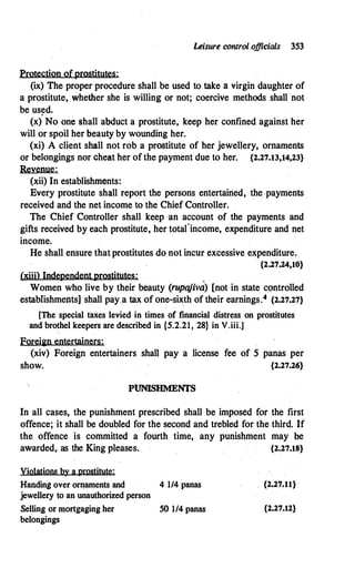 Leisure control o
fficials 353
Protection ofprostitutes:
(ix) The proper procedure shall be used to take a virgin daughter of
a prostitute, whether she is willing or not; coercive methods shall not
be used.
(x) No one �hall abduct a prostitute, keep her confined against her
will or spoil her beauty by wounding her.
(xi) A client shall not rob a prostitute of her jewellery, ornaments
or belongings nor cheat her of the payment due to her. {2.27.13,14,23}
Revenue:
(xii) In establishments:
Every prostitute shall report the persons entertained, the payments
received and the net income to the Chief Controller.
The Chief Controller shall keep an account of the payments and
gifts received by each prostitute, her total
'
income, expenditure and net
income.
He shall ensure that prostitutes do not incur excessive expenditure.
{2.27.24,10}
(;Jiii) lode.pendentprostitutes:
Women who live by their beauty (rupajiv�) [not in state controlled
establishments] shall pay a tax of one-sixth of their earnings.4 {2.27.27}
[The special taxes levied in times of financial distress on prostitutes
and brothel keepers are described in {5.2.21, 28} in V.iii.]
Foreian entertainers:
(xiv) Foreign entertainers shall pay a license fee of 5 panas per
show. {2.27.26}
PUNISHMENTS
In all cases, the punishment prescribed shall be imposed for the first
offence; it shall be doubled for the second and trebled for the third. If
the offence is committed a fourth time, any punishment may be
awarded, as the King pleases. {2.27.18}
Violations by a prostitute:
Handing over ornaments and 4 1/4 panas
jewellery to an unauthorized person
Selling or mortgaging her 50 1/4 panas
belongings
{2.27.11} .
{2.27.12}
 