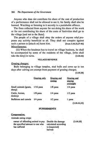 366 The Departments o
fthe Government
Anyone who does not contribute his share of the cost of production
of a performance shall not be allowed to see it; his family shall also be
banned. Watching or listening to it secretly is a punishable offence.
The fines collected from anyone for not doing his share of the work
or for not contributing his share of the costs of festivities shall go to
the village [and not to the State].
The people of a village shall obey the orders of anyone wh9' pro­
poses any activity beneficial to all. They shall not conspire against
such a person to [attack or] harm him. {from 3.10.35,37-41}
Miscellaneous:
(iii) When the headman has to travel on village business, he shall
be accompanied by some of the residents of the village, [who shall
take the duty] in turns. {3.10.16}
VILLAGE REVENUE
Grazing charges:
Bulls belonging to village temples, stud bulls and cows up to ten
days after calving are .exempt from payment of grazing charges.
{3.10.�}
Grging onl!l Qr!)l;ing and
resting
Small animals (goats, 1/16 pana 1/8 pana
sheep]
Cattle, horses, 1/8 pana 1/4 pana
donkeys
Buffaloes and camels· 1/4 pana 1/2 pana .
PUNISHMENfS.
Compensation:
Animals eating crops:
owner of offending animal to pay
the specified amount to one who
has suffered
Double the damage
calculated according
to [expected]
harvest
Grging and
�
overnight
1/4 pana
112 pana
1 pana
{3.10.22,23}
{3.10.25}
 