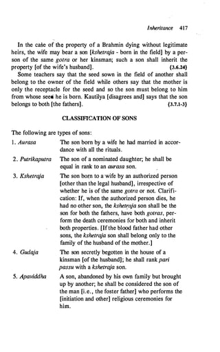 Inheritance 417
In the case of the property of a Brahmin dying without legitimate
heirs, the wife may bear a son [kshetra
ja - born in the field] by a per­
son of the same gotra or her kinsman; such a son shall inherit the
property [of the wife's husband]. {3.6.24}
Some teachers say that the seed sown in the field of another shall
belong to the owner of the field while others say that the mother is
only the receptacle for the seed and so the son must belong to him
from whose seed he is born. Kautilya [disagrees and] says that the son
belongs to both [the fathers] . {3.7.1-3}
CLASSIF1CATION OF SONS
The following are types of sons:
1 . Aurasa The son born by a wife he had married in accor­
dance with all the rituals.
2. Putrikaputra The son of a nominated daughter; he shall be
equal in rank to an aurasa son.
3. Kshetra
ja The son bm:n to a-wife by an authorized person
[other than the legal .husband], irrespective of
whether he is of the same gotra or not. Clarifi­
cation: If, when the authorized person dies, he
had no other son, the ksheu:aja son shall be the
son for both the fathers, have both gotras, per­
form the death ceremonies for both and inherit
ho.th properties. [Ifthe blood father had other
sons, the kshetraja son shall belong only to the
family of the husband of the mother.]
4. Gudaja The son secretly begotten in the house of a
kinsman [of the husband]; he shall rank pari
passu with a kshetraja son.
5. Apaviddha A son, abandoned by his own family but brought
up by another; he shall be considered the son of
the man [i.e. , the foster father] who performs the
[initiation and other] religious ceremonies for
him.
 
