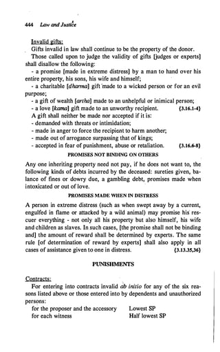 444 Law andJusti�e
Invalid gifts:
Gifts invalid in law shall continue to be the property of the donor.
Those called upon to judge the validity of gifts Uudges or experts]
shall disallow the following:
- a promise [made in extreme distress] by a man to hand over his
entire property, his sons, his wife and himself;
- a charitable [dhanna] gift 'made to a wicked person or for an evil
purpose;
- a gift of wealth [artha] made to an unhelpful or inimical person;
- a love [kama] gift made to an unworthy recipient. {3.16.1-4}
A gift shall neither be made nor accepted if it is:
- demanded with threats or intimidation;
- made in anger to force the recipient to harm another;
- made out of arrogance surpassing that of kings;
- accepted in fear of punishment, abuse or retaliation.
PROMISES NOT BINDING ON OTHERS
{3.16.6-8}
Any one inheriting property need not pay, if he does not want to, the
following kinds of debts incurred by the deceased: sureties given, ba­
lance of fines or dowry due, a gambling debt, promises made when
intoxicated or out of love.
PROMISES MADE WHEN IN DISTRESS
A person in extreme distress (such as when swept away by a current,
engulfed in flame or attacked by a wild animal) may promise his' res­
cuer everything - not only all his property but also himself, his wife
and children as slaves. In such cases, [the promise shall not be binding
and] the amount ofreward shall be determined by experts. The same
rule [of determination of reward by experts] shall also apply in all
cases of assistance given to one in distress. {3.13.35,36}
PUNISHMENTS
Contracts:
For entering into contracts invalid ab initio for any of the six rea­
sons listed above or those entered into by dependents and unauthorized
persons:
for the proposer and the accessory
for each witness
Lowest SP
Half lowest SP
 