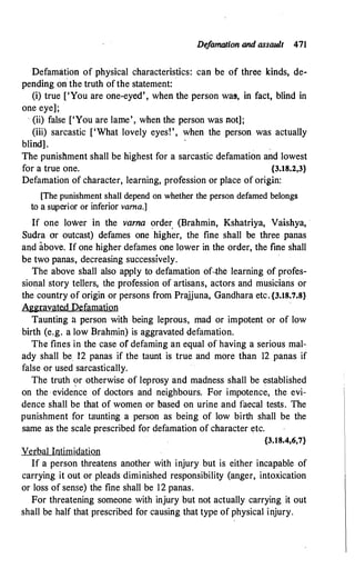 De
f
amation and assault 471
Defamation of physical characteristics: can be of three kinds, de­
pending on the truth ofthe statement:
.
(i) true ['You are one-ey�', when the person was, in fact, blind in
one eye];
· (ii) false ['You are lame', when the person was not];
(iii) sarcastic ['What lovely eyes!', when the person was actually
blind] .
·
The punishment shall be highest for a sarcastic defamation and lowest
for a true one. {3.18.2,3}
Defamation of character, learning, profession or place of origin:
[The punishment shall depend on whether the person defamed belongs
to a superior or inferior vama.]
If one lower in the varna order. (Brahmin, Kshatriya, Vaishya, ·
Sudra or outcast) defames one higher, the fine shall be three panas
and iibove. If one higher defames one lower in the order, the fine shall
be two panas, decreasing successively.
The above shall also apply to defamation of..the learning of profes­
sional story tellers, the profession of artisans, actors and musicians or
the country of origin or persons from Prajjuna, Gandhara etc.{3.18.7.8}
Aggravated Defamation
Taunting a person with being leprous, mad or impotent or of low
birth (e.g. a low Brahmin) is aggravated defamation.
The fines in the case of defaming an equal of having a serious mal­
ady shall be. 12 panas if the taunt is true and more than 12 panas if
false or used sarcastically.
The truth ?r otherwise of leprosy and madness shall be established
on the evidence of doctors and neighbours. For impotence, the evi­
dence shall be that of women or based on urine and faecal tests. The
punishment for taunting a person as being of low birth shall be the
same as the scale prescribed for defamation of character etc.
{3,18.4,6,7}
Verbal Intimidation
If a person threatens another with injury but is either incapable of
carrying it out or pleads diminished responsibility (anger, intoxication
or loss of sense) the fine shall be 12 panas.
For threatening someone with injury but not actually carrying it out
shall be half that prescribed for causing that type of physical injury.
 