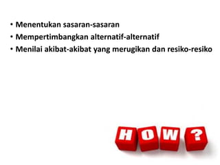 • Menentukan sasaran-sasaran
• Mempertimbangkan alternatif-alternatif
• Menilai akibat-akibat yang merugikan dan resiko-resiko
 
