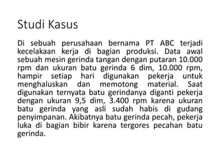 Studi Kasus
Di sebuah perusahaan bernama PT ABC terjadi
kecelakaan kerja di bagian produksi. Data awal
sebuah mesin gerinda tangan dengan putaran 10.000
rpm dan ukuran batu gerinda 6 dim, 10.000 rpm,
hampir setiap hari digunakan pekerja untuk
menghaluskan dan memotong material. Saat
digunakan ternyata batu gerindanya diganti pekerja
dengan ukuran 9,5 dim, 3.400 rpm karena ukuran
batu gerinda yang asli sudah habis di gudang
penyimpanan. Akibatnya batu gerinda pecah, pekerja
luka di bagian bibir karena tergores pecahan batu
gerinda.
 