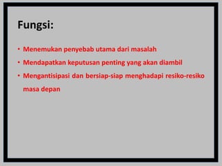 Fungsi:
• Menemukan penyebab utama dari masalah
• Mendapatkan keputusan penting yang akan diambil
• Mengantisipasi dan bersiap-siap menghadapi resiko-resiko
masa depan
 