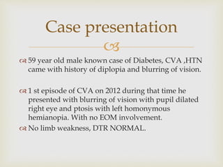 
 59 year old male known case of Diabetes, CVA ,HTN
came with history of diplopia and blurring of vision.
 1 st episode of CVA on 2012 during that time he
presented with blurring of vision with pupil dilated
right eye and ptosis with left homonymous
hemianopia. With no EOM involvement.
 No limb weakness, DTR NORMAL.
Case presentation
 