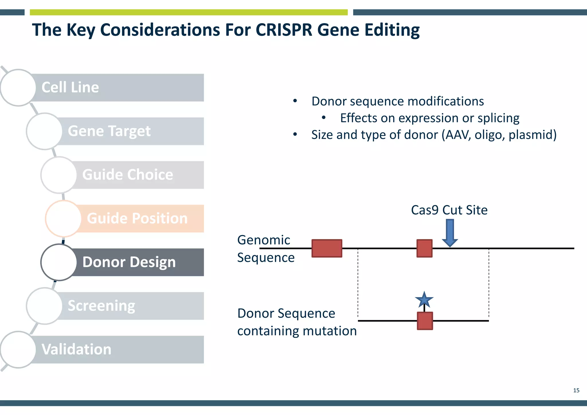 15
Cell Line
Gene Target
Guide Choice
Guide Position
Donor Design
Screening
Validation
The Key Considerations For CRISPR Gene Editing
• Donor sequence modifications
• Effects on expression or splicing
• Size and type of donor (AAV, oligo, plasmid)
Cas9 Cut Site
Genomic
Sequence
Donor Sequence
containing mutation
 