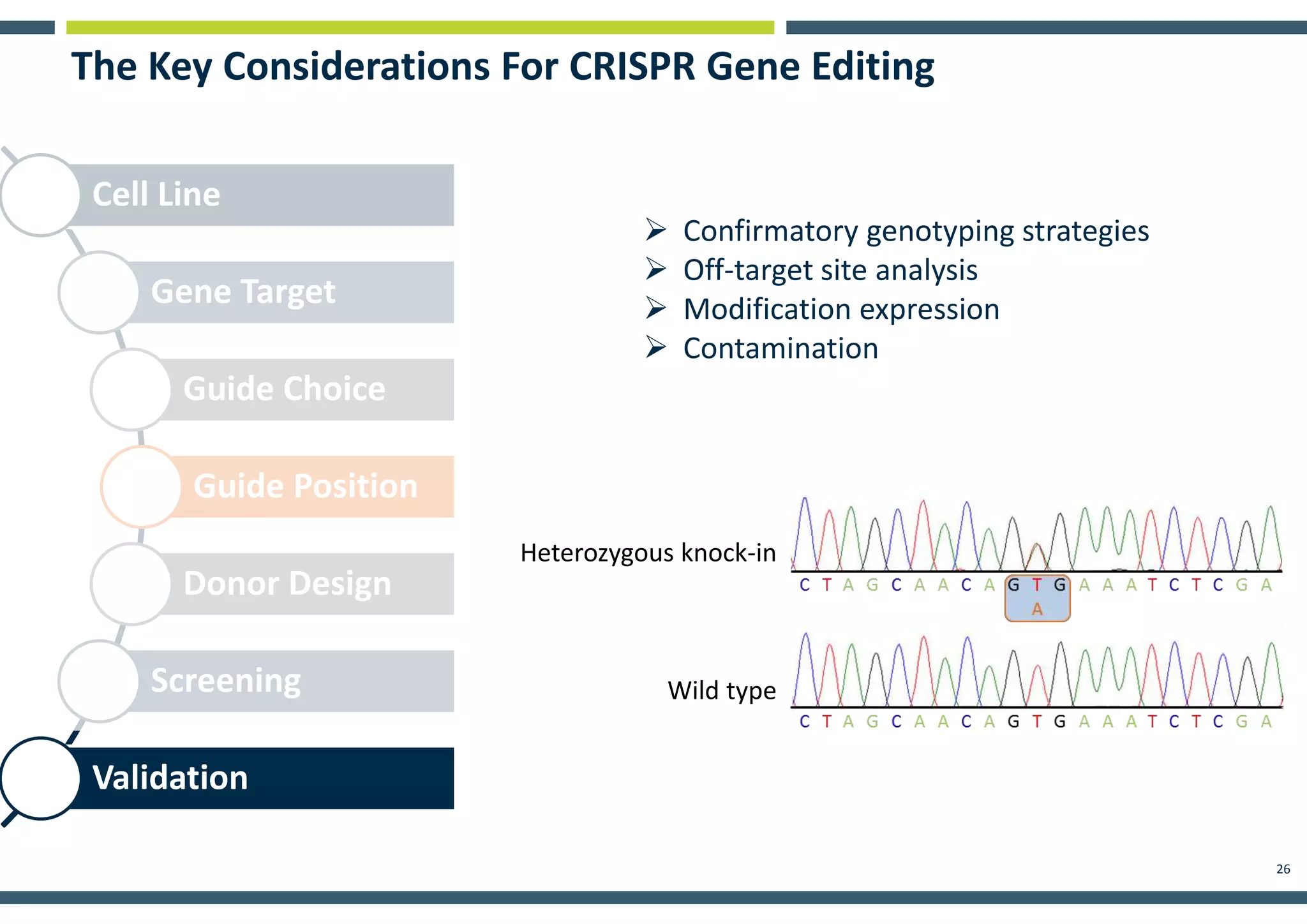26
Cell Line
Gene Target
Guide Choice
Guide Position
Donor Design
Screening
Validation
The Key Considerations For CRISPR Gene Editing
 Confirmatory genotyping strategies
 Off-target site analysis
 Modification expression
 Contamination
Heterozygous knock-in
Wild type
 