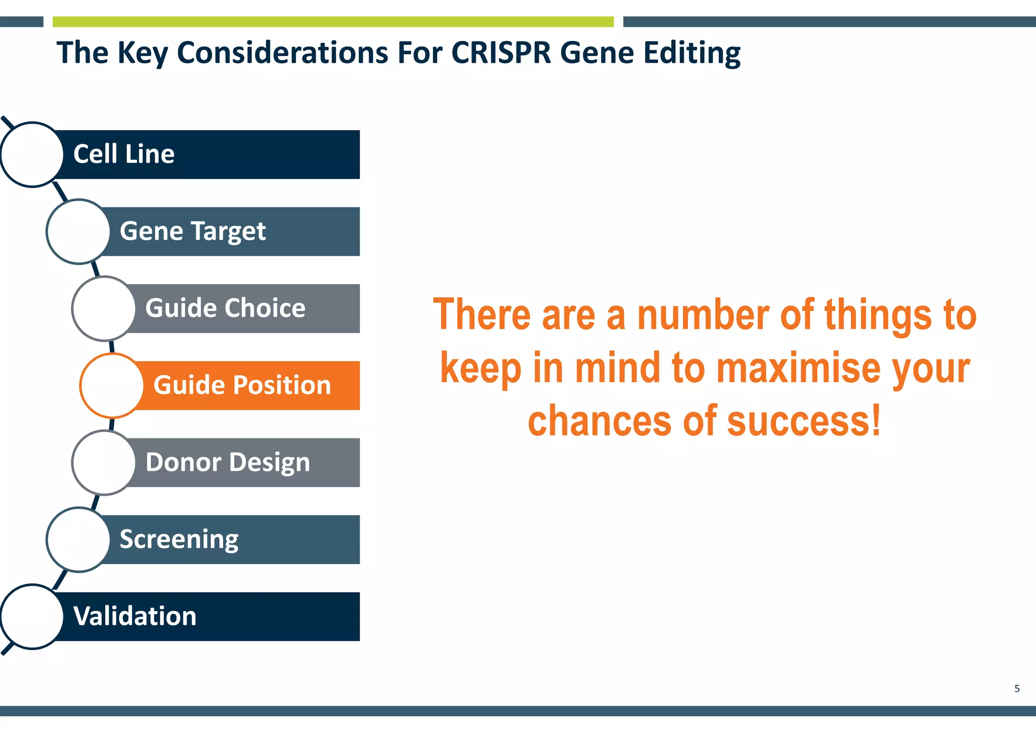 5
Cell Line
Gene Target
Guide Choice
Guide Position
Donor Design
Screening
Validation
The Key Considerations For CRISPR Gene Editing
There are a number of things to
keep in mind to maximise your
chances of success!
 