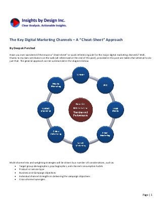 Page | 1
The Key Digital Marketing Channels – A “Cheat-Sheet” Approach
By Deepak Pershad
Have you ever wondered if there was a “cheat-sheet” or quick reference guide for the major digital marketing channels? Well,
thanks to myriad contributors on the web (all referenced at the end of this post), provided in this post are tables that attempt to do
just that. The general approach can be summarized in the diagram below:
Multi-channel mix and weighting strategies will be driven by a number of considerations, such as:
 Target group demographics, psychographics, and channel consumption habits
 Product or service type
 Business and Campaign objectives
 Individual channel strengths in delivering the campaign objectives
 Cross-channel synergies
 