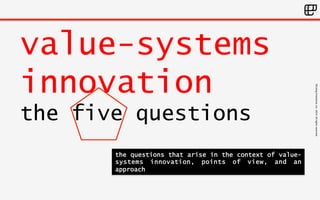 ©Living 
Enterprise, 
Inc. 
2014. 
All 
rights 
reserved 
value-systems 
innovation 
the five questions 
the questions that arise in the context of value-systems 
innovation, points of view, and an 
approach 
 