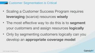 ©2015 Gainsight. All Rights Reserved.
Customer Segmentation is Critical
• Scaling a Customer Success Program requires
leveraging (scarce) resources wisely
• The most effective way to do this is to segment
your customers and assign resources logically
• Only by segmenting customers logically can you
develop an appropriate coverage model
 