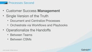 ©2015 Gainsight. All Rights Reserved.
Processes Second
• Customer Success Management
• Single Version of the Truth
• Document and Centralize Processes
• Orchestrate via Workflows and Playbooks
• Operationalize the Handoffs
• Between Teams
• Between CSMs
 