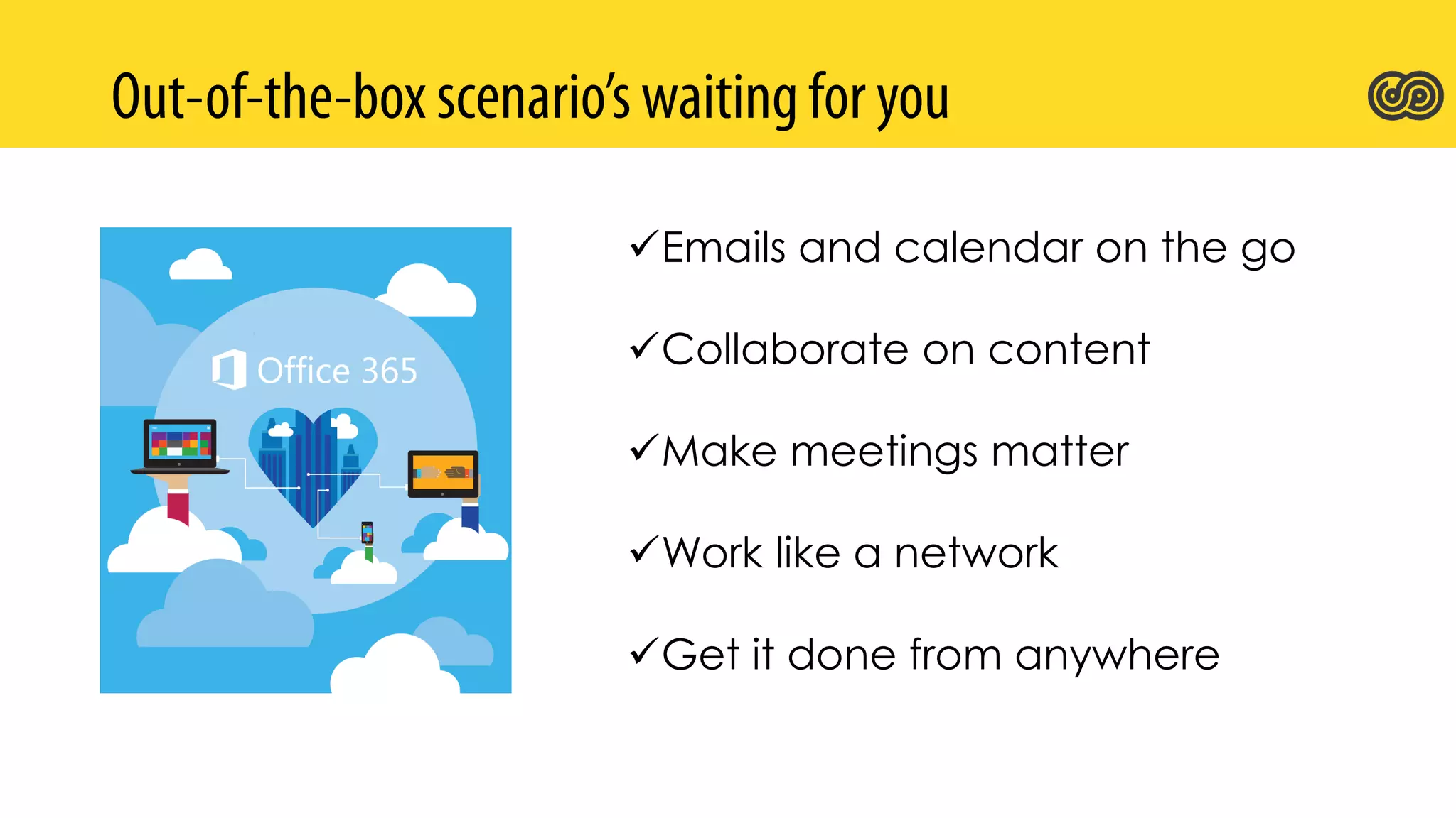 Emails and calendar on the go
Collaborate on content
Make meetings matter
Work like a network
Get it done from anywhere