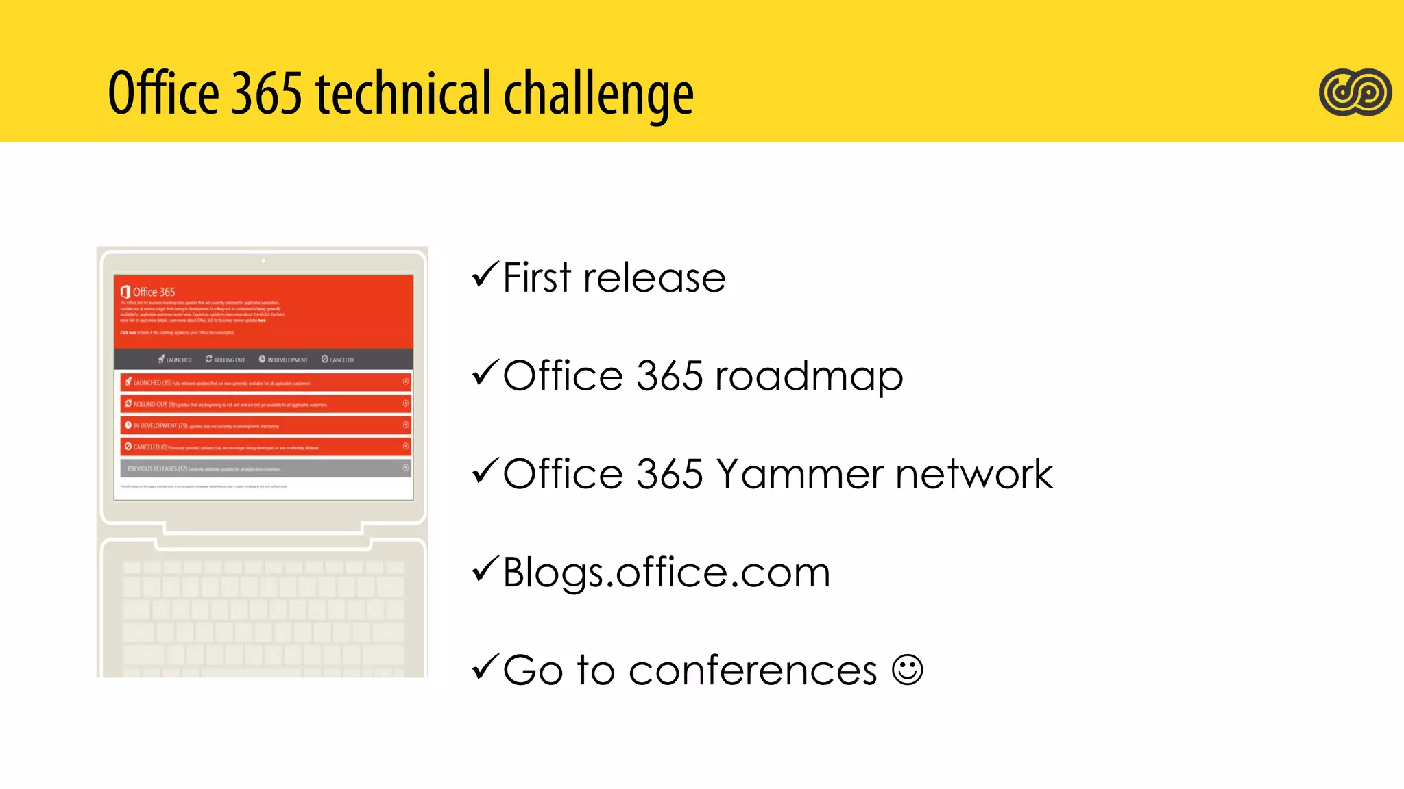 First release
Office 365 roadmap
Office 365 Yammer network
Blogs.office.com
Go to conferences 