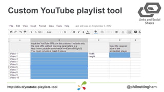 Custom YouTube playlist tool




http://dis.tl/youtube-playlists-tool   @philnottingham
 