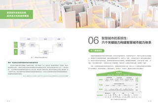 智慧城市
需求得以“超越”，产业实现“击穿”，治理形成“突破”
感知能力
平台能力
服务能力
需求进阶服务
交互操作的多通道API接口
老龄化
平等服务
便利服务
……
……
产业跃迁服务
产业转型 科技创新
营商环境 ……
治理升级服务
……
污染与气候 城市交通
公共安全
数
字
空
间
治
理
能
力
政策
手段
资源
……
人工智能 大数据 地理信息
数字身份
基础设施能力
宽带/数据中心
光纤
网络
数据
中心
5G、
WI-FI
能源
天然气网络
街道照明
可再生能源
电力 智能电网
数字
管道
环境
垃圾 排污
水资源
数字管道
智能垃圾桶
交通
智慧公路、
桥梁
P停车 运输 交通警示灯
道路
智慧
停车场
智慧
信号灯
巴黎是世界上最重要的国际大都市之一，传统的市区面积仅105.4平方公里，伴随着市区人口、产业膨胀以及自发
的郊区化带来发展不平衡，巴黎开启了新城建设之路，其“多中心”发展模式被广泛借鉴。自20世纪70年代新城建设计
划以来，巴黎市区人口保持在210-220万，巴黎大区人口从900多万增加到1200多万。以马恩拉瓦莱新城为例，以成功
融入巴黎多中心城市体系，新城20分钟地铁通达巴黎市中心，汇聚了17,000家公司，其中包括IBM、ANPE等公司的法
国总部，以及50多个研究中心、20多个高等教育机构。
数字化是新城发展的稳定器和加速器，一方面利用数字化、网络化手段，使新城接驳核心区高层次资源，提升新城
吸引力，如部署数字化艺术展览，实施Open Data Proxima Mobile项目提升政府服务水平，将远程医疗纳入普通法促
进远程医疗发展等。另一方面积极拥抱数字化打造智慧新城，如将“可达城市”理念融入新区规划建设，将数字化技术
融入城市基础设施，缝补割裂城区、构建高架、地面及地下立体智能交通体系。鼓励和支持智能电网、智能灯杆、无人
驾驶等在新城进行试点和产业孵化，推动新城高层次、错位发展。
29
28
智慧城市未来的关键
经济活力与系统性规划
图17 智慧城市项目利益聚合模式
图18 智慧城市的关键能力框架
面对城市大量建筑废料处理难题，阿姆斯特丹通过“电商+物联网”方式，创新打造“城市建筑循环链”运营模式，聚合分
散的供需双方需求，以循环经济理念有效降低城市建筑材料处理的高成本问题。政府成立建筑废料的线上线下“二级交易市
场”，企业将可循环利用的建筑废料在政府平台上进行交易，塑料处理、混凝土处理、有机材料处理等企业也加入循环链条，进
一步延伸产业链。项目大幅降低政府在建筑废料处理监管领域的财政投入，拆迁企业在降低废料处理成本的同时获取销售收益，
临时建筑也实现循环利用建材。
案例：利益聚合实现阿姆斯特丹城市建筑循环利用
Source：根据CIRCLE ECONOMY, FABRIC TNO, Gemeente Amsterdam研究报告CIRCULAR AMSTERDAM整理
资金
支持
聚合相
关方
投资
建设
实施
运营
投资 建设 运营
政
府
/
公
益
机
构
企
业
智慧城市是物理世界与数字世界相互映射、协同交互的城市新形态。在新的城市形态下，传统产业与数字技术深度融
合，同时数字产业得到培育和发展，创造出更高附加值的产业，实现产业“击穿”；依托数字化技术，城市全要素实现数字
化、城市运行实时状态实现可视化、城市管理决策实现协同化和智能化，城市服务实现智能化，从而达到治理“突破”。在
智能、个性化的服务过程中，人类的劳动力进一步得到释放，高层次的个人发展追求将得以满足，实现需求“超越”。
当前，以系统性规划建设带动形成经济活力，加速智慧城市发展正当时。我们认为一个系统性的智慧化城市需要包
括六项关键能力，即组织推进能力、基础设施能力、感知能力、平台能力、服务能力和数字空间治理能力。
6.1.框架体系
智慧城市的系统性：
六个关键能力构建智慧城市能力体系
06
 