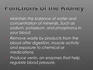  Maintain the balance of water and
  concentration of minerals. Such as
  sodium, potassium, and phosphorus in
  your blood
 Remove waste by products from the
  blood after digestion, muscle activity
  and exposure to chemical or
  medications.
 Produce venin, an enzymes that help
  regulate blood pressure.
 