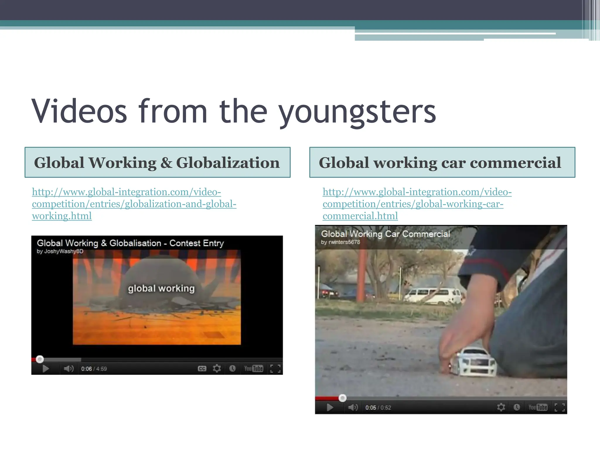 Videos from the youngsters
Global Working & Globalization                  Global working car commercial
http://www.global-integration.com/video-        http://www.global-integration.com/video-
competition/entries/globalization-and-global-   competition/entries/global-working-car-
working.html                                    commercial.html
 