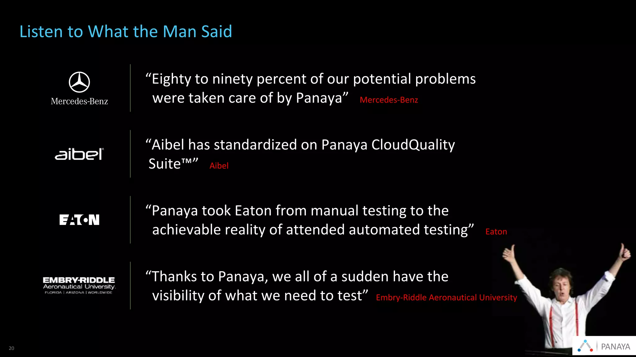 © Panaya | An Infosys Company PANAYA2020
Listen to What the Man Said
“Eighty to ninety percent of our potential problems
were taken care of by Panaya” Mercedes-Benz
“Aibel has standardized on Panaya CloudQuality
Suite™” Aibel
“Panaya took Eaton from manual testing to the
achievable reality of attended automated testing” Eaton
“Thanks to Panaya, we all of a sudden have the
visibility of what we need to test” Embry-Riddle Aeronautical University
PANAYA
 