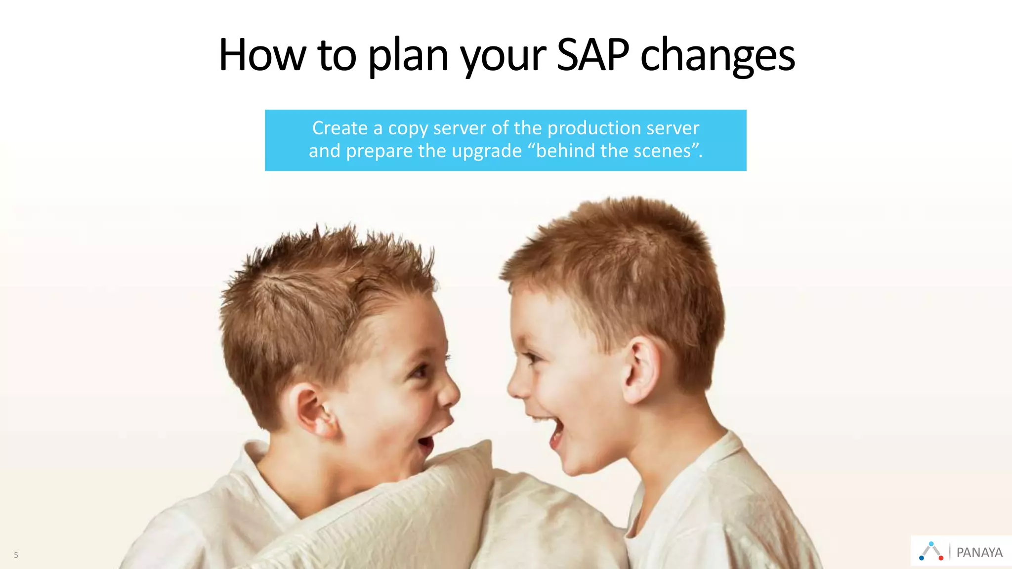 © Panaya | An Infosys Company PANAYA5
How to plan your SAP changes
Create a copy server of the production server
and prepare the upgrade “behind the scenes”.
PANAYA
 