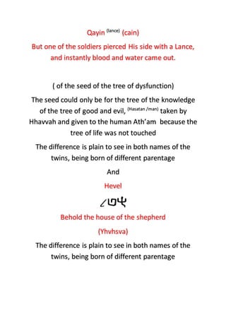 Qayin (lance)
(cain)
But one of the soldiers pierced His side with a Lance,
and instantly blood and water came out.
( of the seed of the tree of dysfunction)
The seed could only be for the tree of the knowledge
of the tree of good and evil, (Hasatan /man)
taken by
Hhavvah and given to the human Ath’am because the
tree of life was not touched
The difference is plain to see in both names of the
twins, being born of different parentage
And
Hevel
Behold the house of the shepherd
(Yhvhsva)
The difference is plain to see in both names of the
twins, being born of different parentage
 