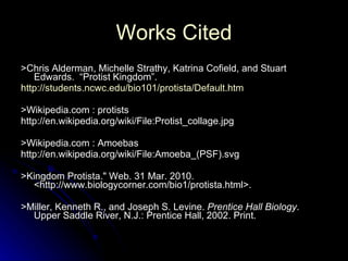 Works Cited >Chris Alderman, Michelle Strathy, Katrina Cofield, and Stuart Edwards.  “Protist Kingdom”.  http://students.ncwc.edu/bio101/protista/Default.htm   >Wikipedia.com : protists  http://en.wikipedia.org/wiki/File:Protist_collage.jpg >Wikipedia.com : Amoebas  http://en.wikipedia.org/wiki/File:Amoeba_(PSF).svg >Kingdom Protista." Web. 31 Mar. 2010. <http://www.biologycorner.com/bio1/protista.html>.  >Miller, Kenneth R., and Joseph S. Levine.  Prentice Hall Biology . Upper Saddle River, N.J.: Prentice Hall, 2002. Print.  