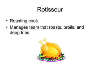 Rotisseur
• Roasting cook
• Manages team that roasts, broils, and
deep fries
 