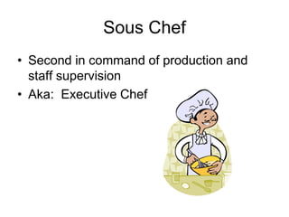 Sous Chef
• Second in command of production and
staff supervision
• Aka: Executive Chef
 