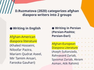 ● Writing in English
Afghan-American
diaspora literature
(Khaled Hosseini,
Niloofar Pazira,
Mariam Qudrat Aseel,
Mir Tamim Ansari,
Farooka Gauhari)
● Writing in Persian
(Persian-Pashto;
Persian-Dari)
Afghan-European
Diaspora Literature
(Aseph Sultanzada,
Rahnavard Zariab,
Sposmai Zariab, Akram
Asman, Atik Rahimi)
D.Ruzmatova (2020) categorizes afghan
diaspora writers into 2 groups
 