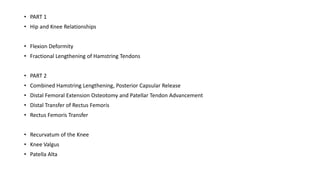 • PART 1
• Hip and Knee Relationships
• Flexion Deformity
• Fractional Lengthening of Hamstring Tendons
• PART 2
• Combined Hamstring Lengthening, Posterior Capsular Release
• Distal Femoral Extension Osteotomy and Patellar Tendon Advancement
• Distal Transfer of Rectus Femoris
• Rectus Femoris Transfer
• Recurvatum of the Knee
• Knee Valgus
• Patella Alta
 