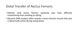 Distal Transfer of Rectus Femoris
• Patients with rectus femoris spasticity also have difficulty
transitioning from standing to sitting
• Dynamic EMG analysis often reveals a rectus femoris muscle that also
is abnormally active during swing phase
 