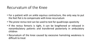Recurvatum of the Knee
• For a patient with an ankle equinus contracture, the only way to put
the feet flat is to compensate with knee recurvatum
• The prone rectus test can be used to test for quadriceps spasticity
• If the rectus femoris is tight, it can be lengthened or released in
nonambulatory patients and transferred posteriorly in ambulatory
children
• Recurvatum of the knee caused by excessive hamstring weakness is
difficult to treat
 