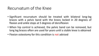 Recurvatum of the Knee
• Significant recurvatum should be treated with bilateral long-leg
braces with a pelvic band with the knees locked in 20 degrees of
flexion and ankle stops at 5 degrees of dorsiflexion
• When hip control is achieved, the pelvic band can be removed, but
long leg braces often are used for years until a stable knee is obtained
• Flexion osteotomy for this condition is not advised
 
