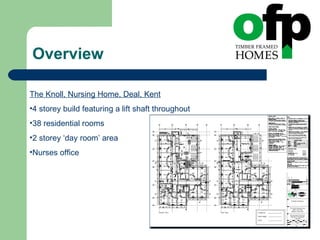 Overview The Knoll, Nursing Home, Deal, Kent 4 storey build featuring a lift shaft throughout 38 residential rooms 2 storey ‘day room’ area Nurses office 