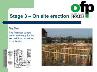 Stage 3 – On site erection Day Nine The first floor panels are in and ready for the second floor cassettes to be landed. 